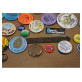 Assorted Vintage Collectibles - Pins, Patches, Trophy