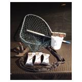 Fishing items: Anchor, net, minnow bucket, rod saver, and 4 rod covers