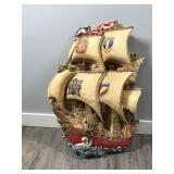 Wall Hanging 3-D Chalkware Galleon Sailing Ship, Nautical Wall Art, VERY LARGE 23” tall x 16” across