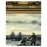 Antique Wood Frame With Ducking Hunting Picture with Glass Front