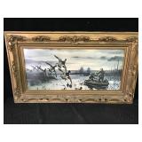 Antique Wood Frame With Ducking Hunting Picture with Glass Front