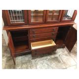 Lighted 2 Piece Solid Wood Hutch with 2 Tier Glass Shelving, Glass Mirror in the Back, Lead Framed Glass in your the Front, 5 Drawers and 2 Cabinets with Shelving Inside