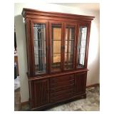 Lighted 2 Piece Solid Wood Hutch with 2 Tier Glass Shelving, Glass Mirror in the Back, Lead Framed Glass in your the Front, 5 Drawers and 2 Cabinets with Shelving Inside