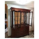 Lighted 2 Piece Solid Wood Hutch with 2 Tier Glass Shelving, Glass Mirror in the Back, Lead Framed Glass in your the Front, 5 Drawers and 2 Cabinets with Shelving Inside