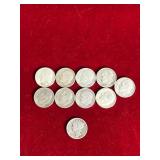Lot of 9 Roosevelt Dimes (1952-1964) & 1 Mercury Dime - dates are listed in description