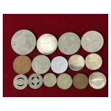 13 Foreign Coins and 2 Tokens  - see description for more detail
