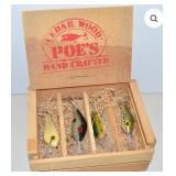 Set of 4 Cedar Wood Handcrafted Fishing Lures - Box is sealed with Plastic so it’s Hard to Get a Picture of the Actual Lures - Picture of the Lures is an example of what they kind of Look like - Col