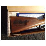 The Fire Fighter BB gun with Lazer engraving of vintage Steam Pumper fire wagon on walnut stock and engraving of edition No. and going beyond the call on walnut forearm