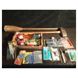 Vintage pestle (Vegetable masher), Vintage railroad spike driver, door locks , tools and more