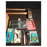Vintage pestle (Vegetable masher), Vintage railroad spike driver, door locks , tools and more