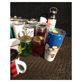 Lot of hot/cold glasses and mugs with lids and wooden serving tray