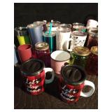 Lot of hot/cold glasses and mugs with lids and wooden serving tray