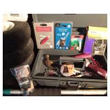 Plano box of tools, Plano tackle box,tarp, can crusher, Awls in pkg. in wooden box, money clip and more.