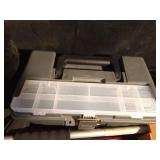 Plano box of tools, Plano tackle box,tarp, can crusher, Awls in pkg. in wooden box, money clip and more.