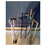 4 Tier floor standing shelf with wire shelves and wood frame. canes and umbrella