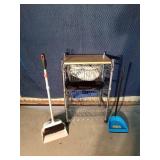 Rolling kitchen island with cutting board top and 3 basket drawers, 2 dustpans, broom, pet bed and more