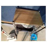 Rolling kitchen island with cutting board top and 3 basket drawers, 2 dustpans, broom, pet bed and more