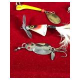 Lot of 14 Small Collectible Fishing Lures - Heddon Sonic - Red Eye Fly - Small Frog - Nokay #3 - Hillderbrant #0 - Hillderbrandy #2 - Lure Shaped Like Bat Wings - Hillderbrant #3 Shaped like a Beetle