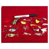 Lot of 14 Small Collectible Fishing Lures - Heddon Sonic - Red Eye Fly - Small Frog - Nokay #3 - Hillderbrant #0 - Hillderbrandy #2 - Lure Shaped Like Bat Wings - Hillderbrant #3 Shaped like a Beetle
