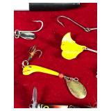 Lot of 14 Small Collectible Fishing Lures - Heddon Sonic - Red Eye Fly - Small Frog - Nokay #3 - Hillderbrant #0 - Hillderbrandy #2 - Lure Shaped Like Bat Wings - Hillderbrant #3 Shaped like a Beetle