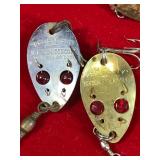 Lot of 14 Small Collectible Fishing Lures - Heddon Sonic - Red Eye Fly - Small Frog - Nokay #3 - Hillderbrant #0 - Hillderbrandy #2 - Lure Shaped Like Bat Wings - Hillderbrant #3 Shaped like a Beetle