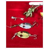 Lot of 14 Small Collectible Fishing Lures - Heddon Sonic - Red Eye Fly - Small Frog - Nokay #3 - Hillderbrant #0 - Hillderbrandy #2 - Lure Shaped Like Bat Wings - Hillderbrant #3 Shaped like a Beetle