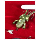 Lot of 14 Small Collectible Fishing Lures - Heddon Sonic - Red Eye Fly - Small Frog - Nokay #3 - Hillderbrant #0 - Hillderbrandy #2 - Lure Shaped Like Bat Wings - Hillderbrant #3 Shaped like a Beetle