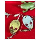 Lot of 14 Small Collectible Fishing Lures - Heddon Sonic - Red Eye Fly - Small Frog - Nokay #3 - Hillderbrant #0 - Hillderbrandy #2 - Lure Shaped Like Bat Wings - Hillderbrant #3 Shaped like a Beetle