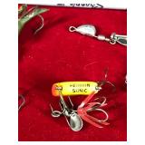 Lot of 14 Small Collectible Fishing Lures - Heddon Sonic - Red Eye Fly - Small Frog - Nokay #3 - Hillderbrant #0 - Hillderbrandy #2 - Lure Shaped Like Bat Wings - Hillderbrant #3 Shaped like a Beetle