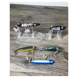 Lot of 5 Collectible Heddon Fishing Lures - Dying Flutter - Zara Puppy - River Runt Spook Sinker