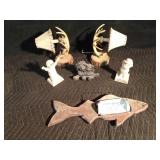Pr of Deer horn wall lamps, wood beer plaque and figurines