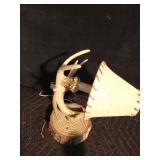 Pr of Deer horn wall lamps, wood beer plaque and figurines