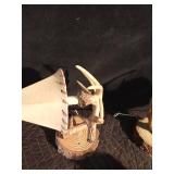 Pr of Deer horn wall lamps, wood beer plaque and figurines