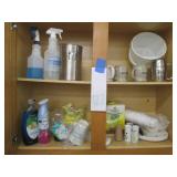 Contents of cupboard, condiments and cleaning supplies