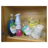 Contents of cupboard, condiments and cleaning supplies