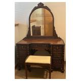 Antique Wooden Vanity Desk with Mirror and Stool - Lots 11, 13, and 15 are matching Antique Wooden Vanity Desk with Mirror and Stool - Lots 11, 13, and 15 are matching