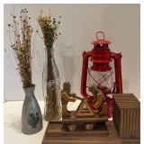 Collection of Home Decor: Glass Bottles, Red Lantern, and Musical Wooden Handcarved Handcar Model Collection of Home Decor: Glass Bottles, Red Lantern, and Musical Wooden Handcarved Handcar Model