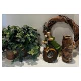 Decorative Faux Plant, Grape Vine Wreath, and Wooden Israeli Vase Set Decorative Faux Plant, Grape Vine Wreath, and Wooden Israeli Vase Set