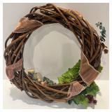 Decorative Faux Plant, Grape Vine Wreath, and Wooden Israeli Vase Set Decorative Faux Plant, Grape Vine Wreath, and Wooden Israeli Vase Set