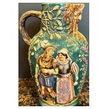 Vintage Majolica Pitcher with Folklore Motif Vintage Majolica Pitcher with Folklore Motif