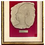 Luxor Egypt Relief Stone Plaque in Ornate Frame with 1979 Tour Inscription with 2 Egyptian Plates Luxor Egypt Relief Stone Plaque in Ornate Frame with 1979 Tour Inscription with 2 Egyptian Plates