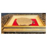 Luxor Egypt Relief Stone Plaque in Ornate Frame with 1979 Tour Inscription with 2 Egyptian Plates Luxor Egypt Relief Stone Plaque in Ornate Frame with 1979 Tour Inscription with 2 Egyptian Plates