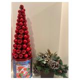 Festive Holiday Decor Set: Red Ornament Cone Tree, Tin & Evergreen Arrangement Festive Holiday Decor Set: Red Ornament Cone Tree, Tin & Evergreen Arrangement