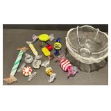 Vibrant Glass Plate, Candle Holders, and Assorted Glass Candy Set Vibrant Glass Plate, Candle Holders, and Assorted Glass Candy Set