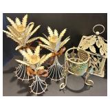 Set of 3 Metal Wheat Candle Holders with Decorative Accents and Ornate Metal Lantern Set of 3 Metal Wheat Candle Holders with Decorative Accents and Ornate Metal Lantern