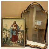 Vintage Brass Framed Mirror and Jesus with Lamb Artwork Vintage Brass Framed Mirror and Jesus with Lamb Artwork