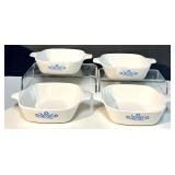 Collection of Cooking and Serving Dishes including 4 Vintage Corning Ware Bowls with lid, Corning Wear Baking Dish,  Swiss Fire Gel Collection of Cooking and Serving Dishes including 4 Vintage Corning Ware Bowls with lid, Corning Wear Baking Dish,  Swiss Fire Gel