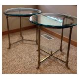 2 Brass and Glass Side Tables - Round and Triangular 2 Brass and Glass Side Tables - Round and Triangular