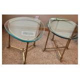 2 Brass and Glass Side Tables - Round and Triangular 2 Brass and Glass Side Tables - Round and Triangular