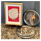 Luxor Egypt Relief Stone Plaque in Ornate Frame with 1979 Tour Inscription with 2 Egyptian Plates Luxor Egypt Relief Stone Plaque in Ornate Frame with 1979 Tour Inscription with 2 Egyptian Plates